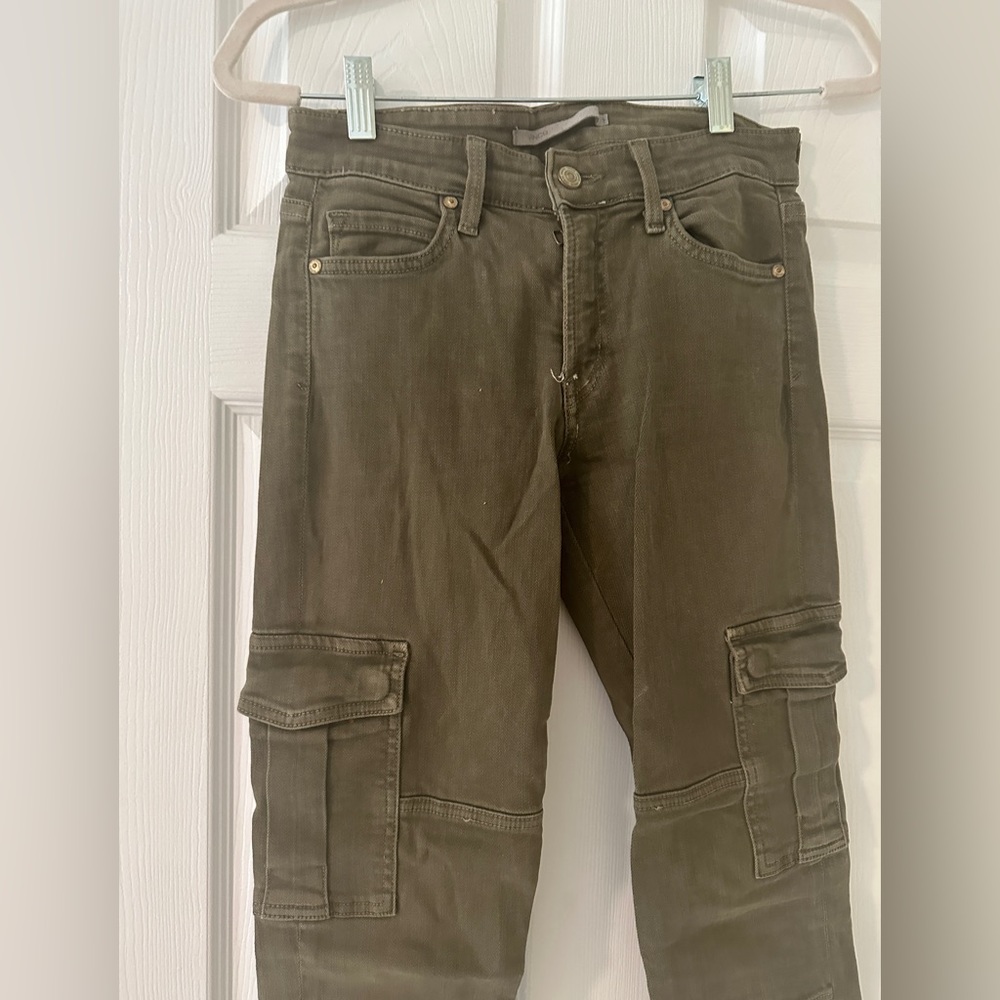 Vince Distressed Skinny Stretchy Cargo Jeans — Army Green - 27